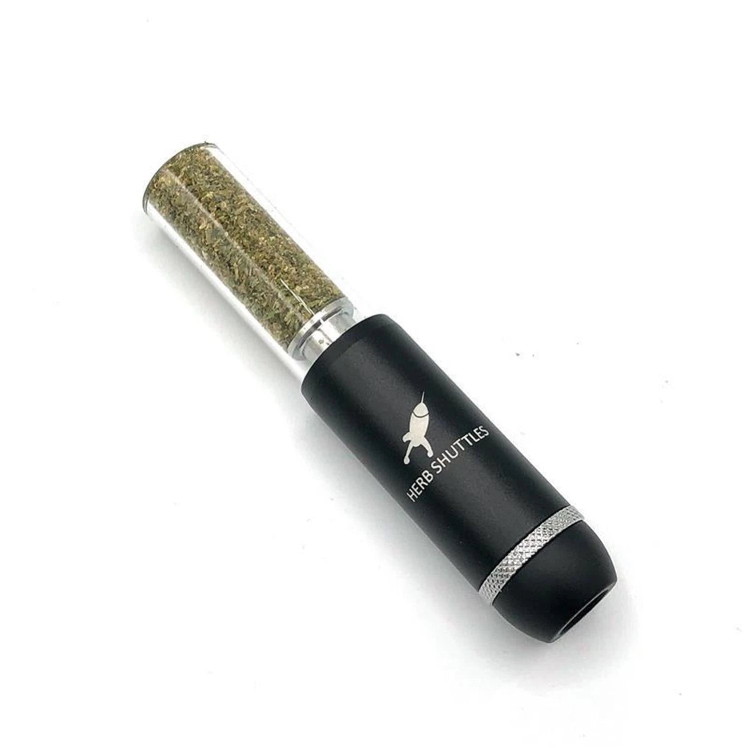 Herb Shuttles Kräuterbehälter mit transparentem Glaszylinder gefüllt mit getrockneten Kräutern und schwarzem Aluminiumgehäuse